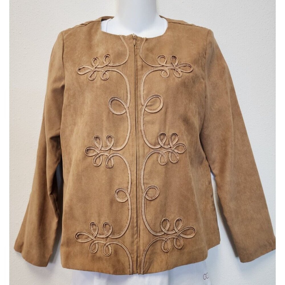 BFA Classics Blazer Jacket Women 8 Tan Zip Up Faux Suede Embroidered - Picture 1 of 10